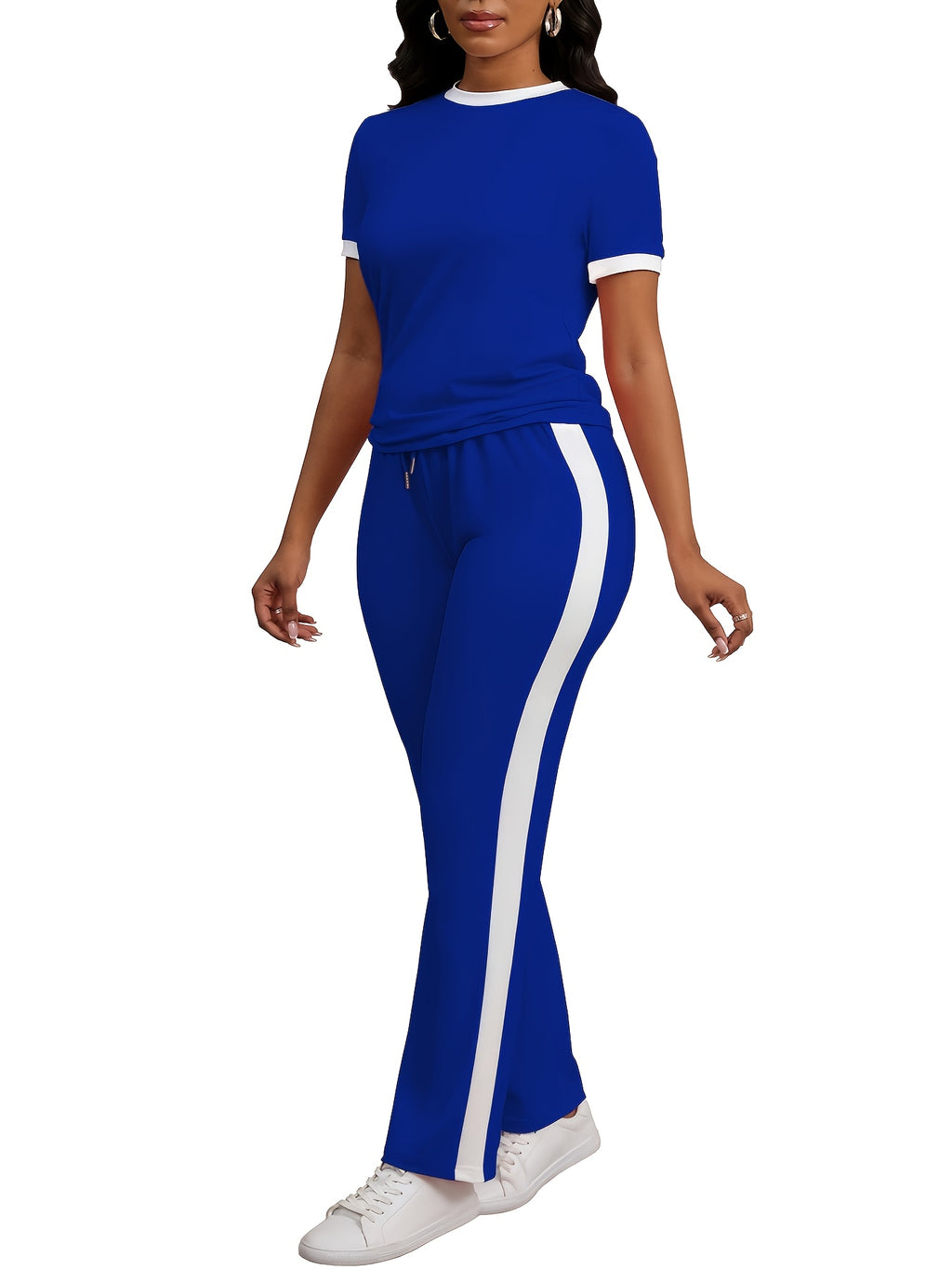 Women Colorblock 2 Piece Tracksuit Set Short Sleeve Crew Neck Top Striped Sweatpants Casual Lounge Jogger Matching Outfit for Workout Everyday Wear