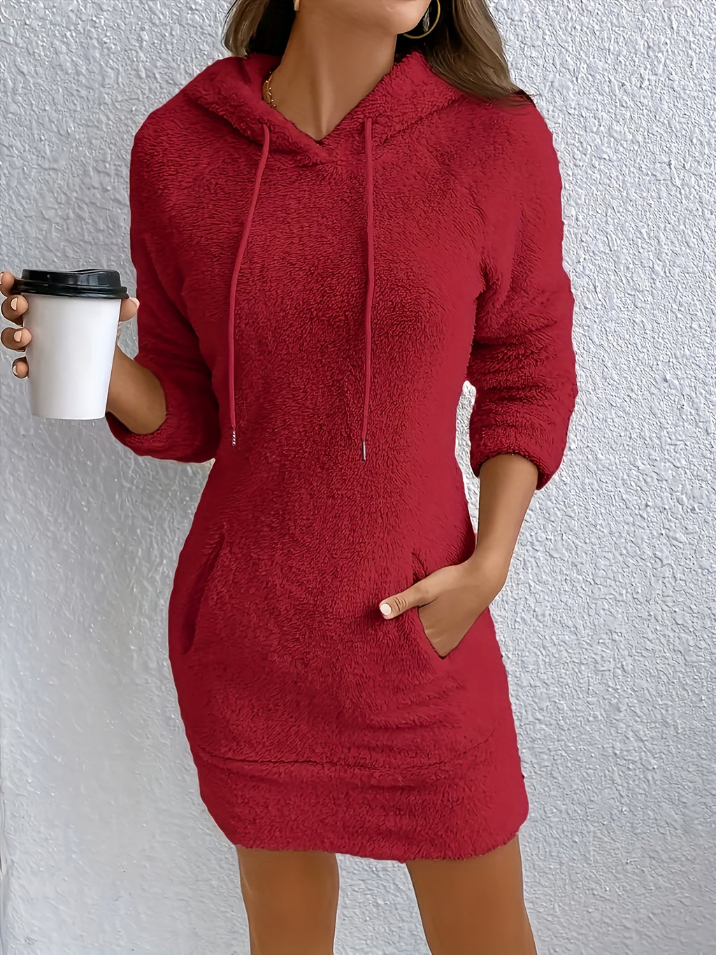 Hoodie Sweatshirt Dress Women Long Sleeve Pullover Casual Drawstring Pocket Knit Dress Ivory White Black Red Olive S-XXL