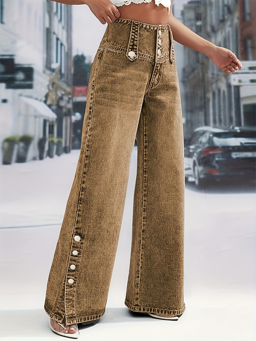 Wide-Leg Purple Jeans Women Adjustable Button Waist Mid-Rise Straight Casual Pants All-Season Travel Office