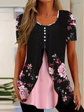 Printed Fake 2-in-1 V-Neck Stud Detail T-Shirt for Women - Short Sleeve 180g Soft Stretch Casual Fashion Top Summer Layered Look