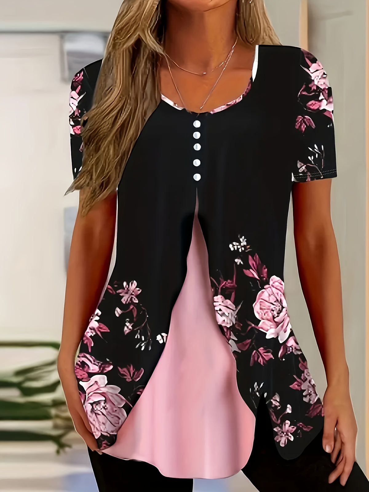 Printed Fake 2-in-1 V-Neck Stud Detail T-Shirt for Women - Short Sleeve 180g Soft Stretch Casual Fashion Top Summer Layered Look