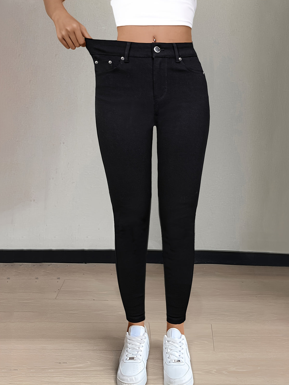 Women's High-Waist Skinny Jeans Stretchy Fabric Multi-Color Long Style Casual Streetwear Button Decor Five Pockets