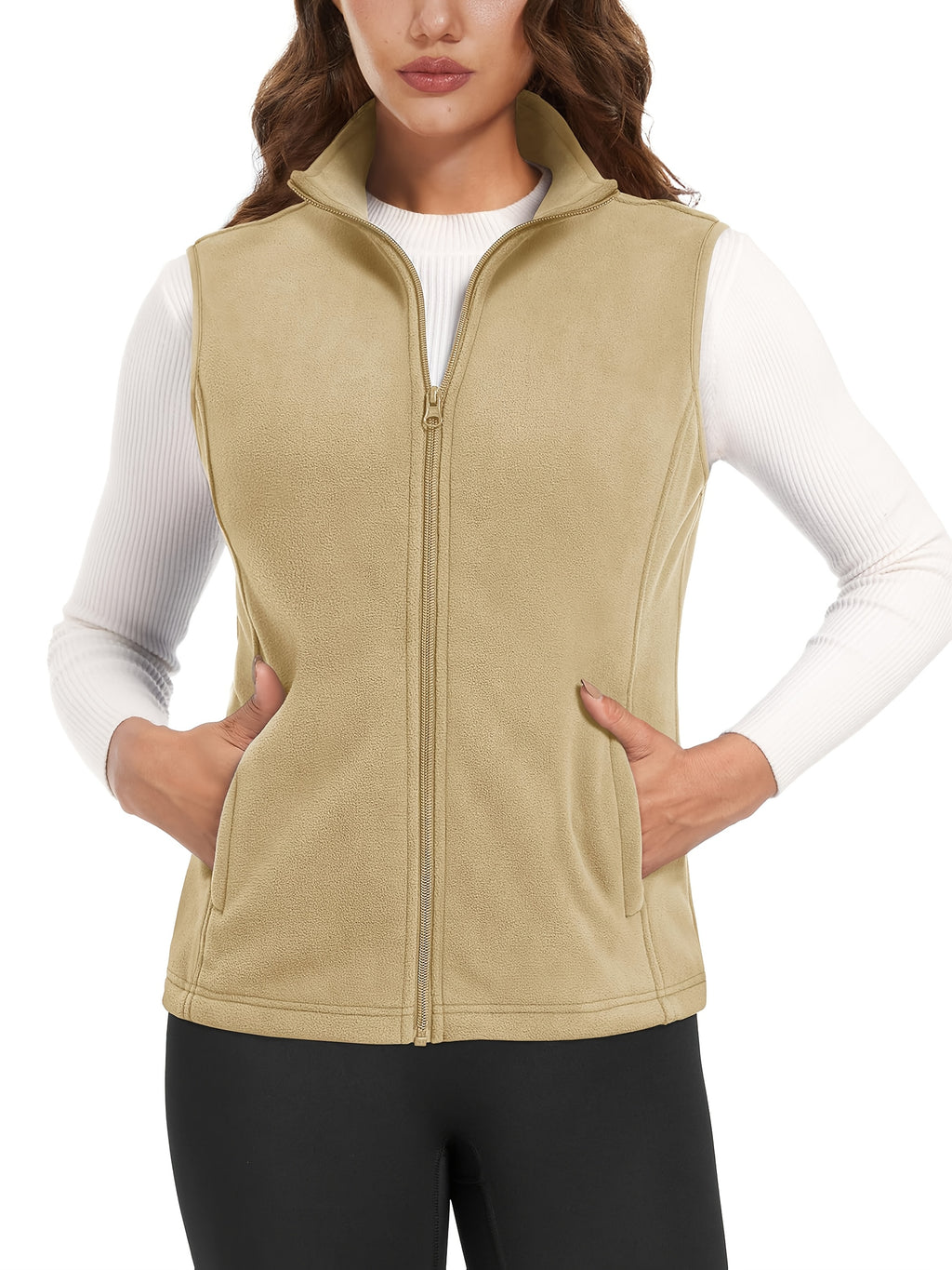 Women's Fleece Zip Vest Lightweight Warm Sleeveless Jacket Stand Collar 4 Pockets Windproof Outdoor Vest S-XXL