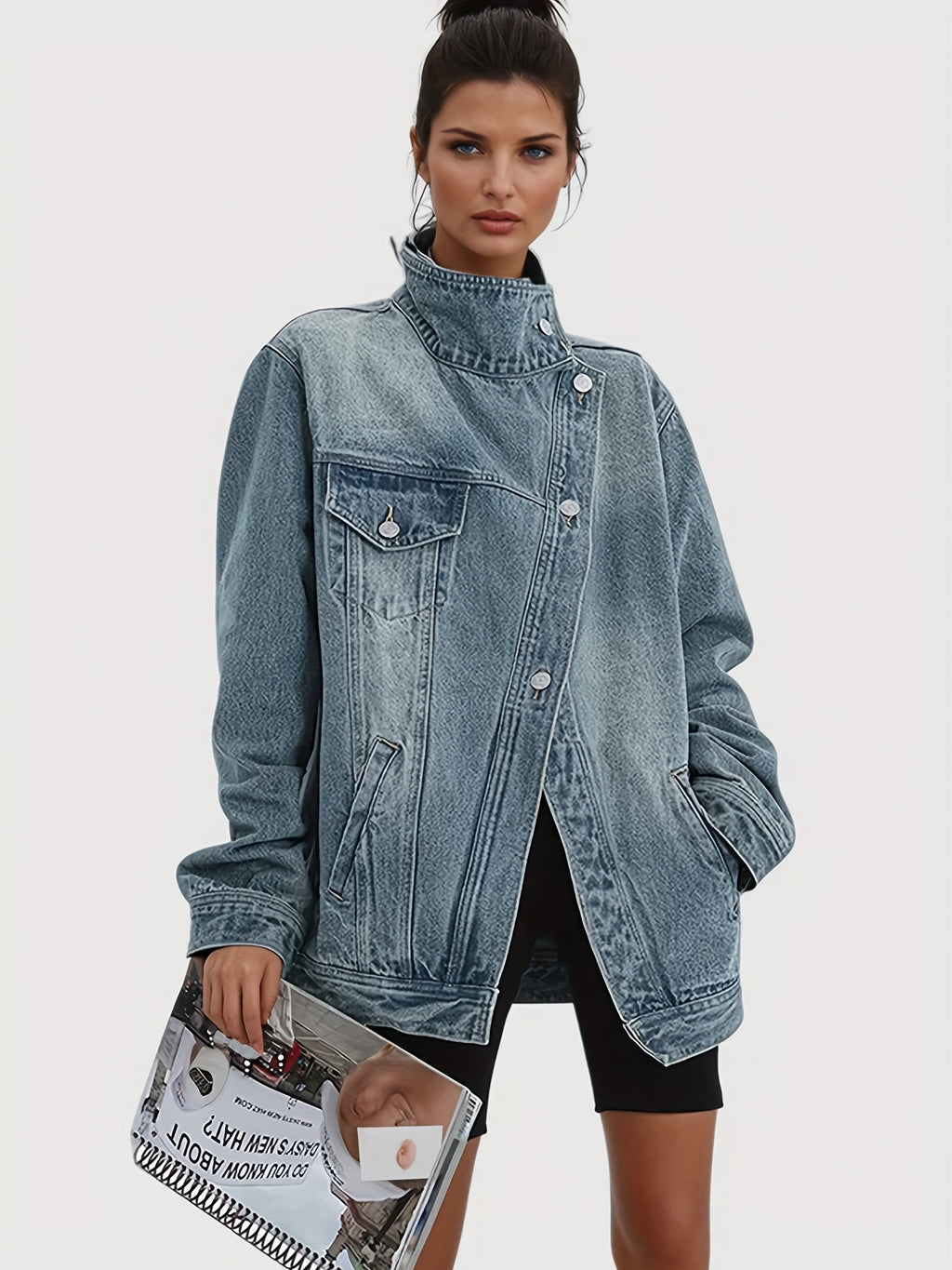 Vintage Washed High Neck Asymmetric Button Denim Jacket Women Loose Fit Drop Shoulder Streetwear Coat Light Blue Spring Fall S-XXL