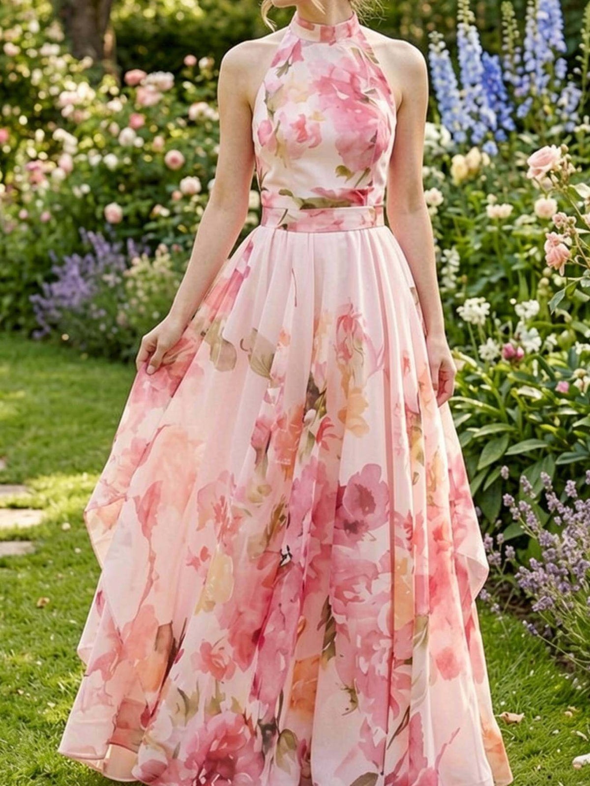 Halter Neck Floral Maxi Dress Women Boho Tie Waist Flowy Gown Wedding Vacation Spring Summer Pink Watercolor Print Elegant French Bohemian