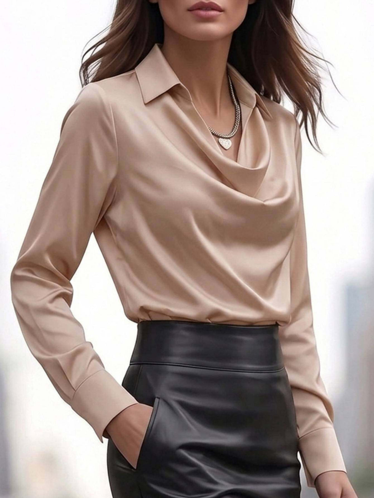 Women's Champagne Cowl-Neck Satin Blouse Silky Lapel Elegant Office Work Business Casual Top Fall Winter