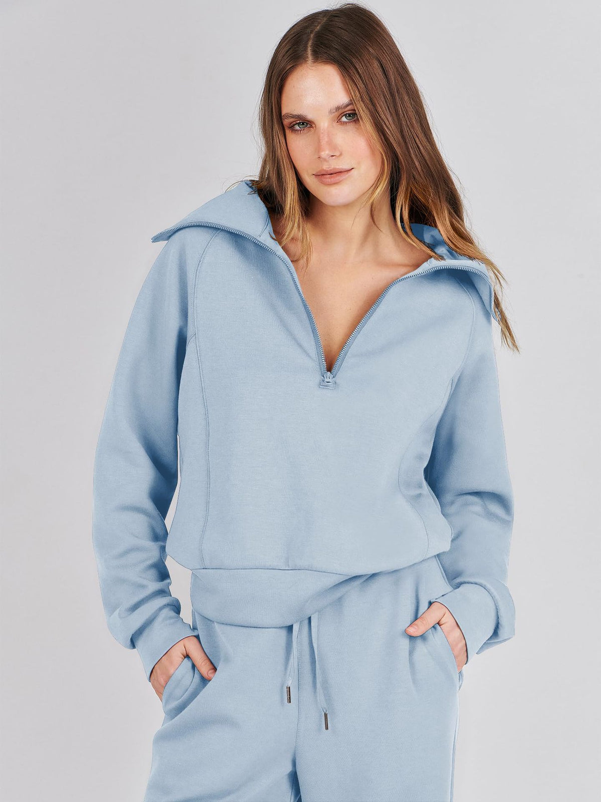 Zipper Sweatshirt Wide-Leg Pants 2 Piece Set Women Casual Tracksuit Outfit for Spring Fall - Loose Fit Jogger Co-ord Set