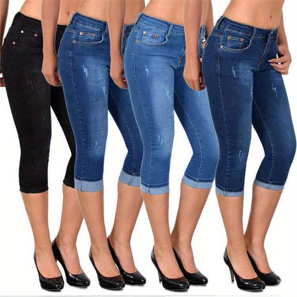 Stretch Skinny Capri Jeans Women Elastic Waist Cropped Denim Pants Street Style Summer Black Light Blue Dark Blue S M L XL XXL