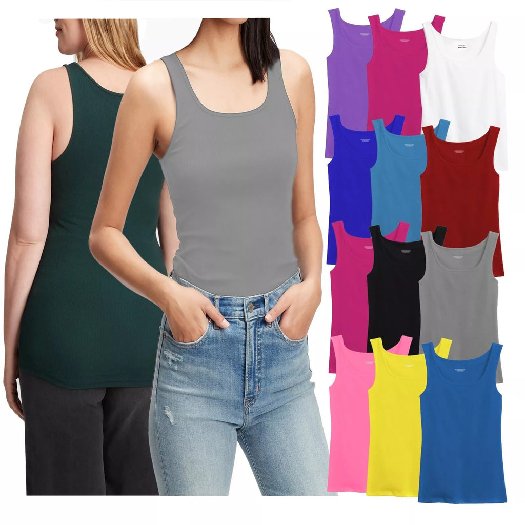 Women's 100% Cotton Ribbed Tank Top Sleeveless Round Neck Multi-Pack Random Colors 3-12pcs S-XXL