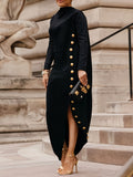 Black Mock Neck Asymmetric Slit Maxi Dress for Women – Long Sleeve Loose Elegant Commuter Dress, Side Button Detail, S-XXL