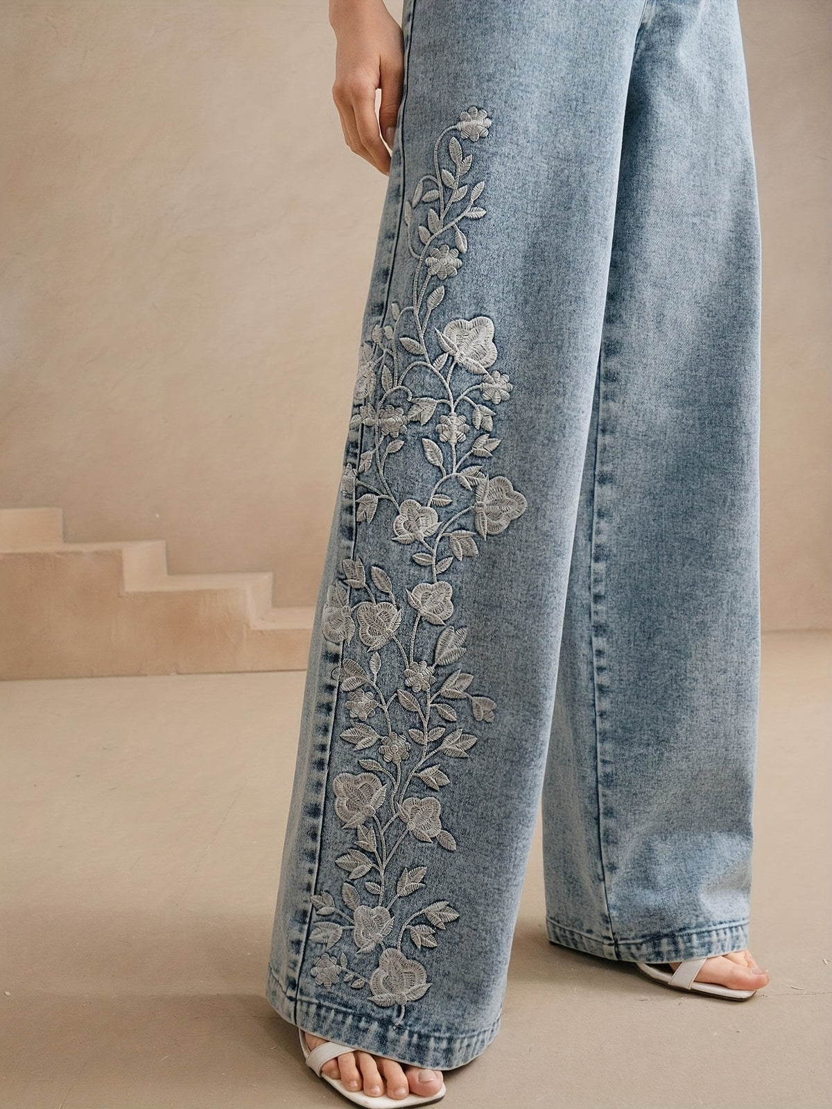 Floral Embroidered Denim Trousers for Women - Elegant Botanical Embroidery Jeans, Stylish Casual Denim Pants for Everyday & Special Occasion Outfits