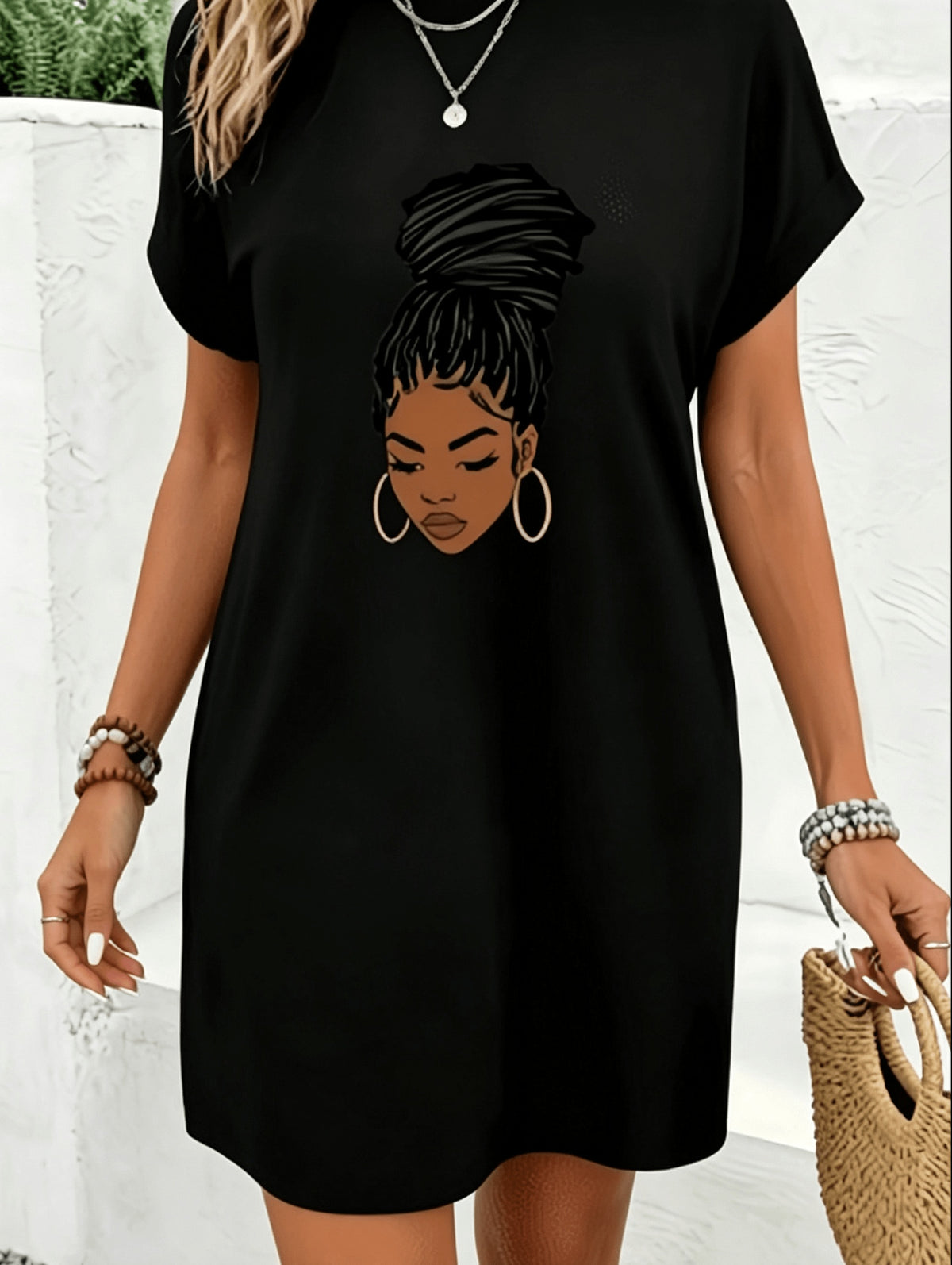 Plus Size Casual Summer Dress for Women - Black Magic Graphic Print, Loose Fit Short Sleeve Lightweight Dress, Sizes 1XL-5XL