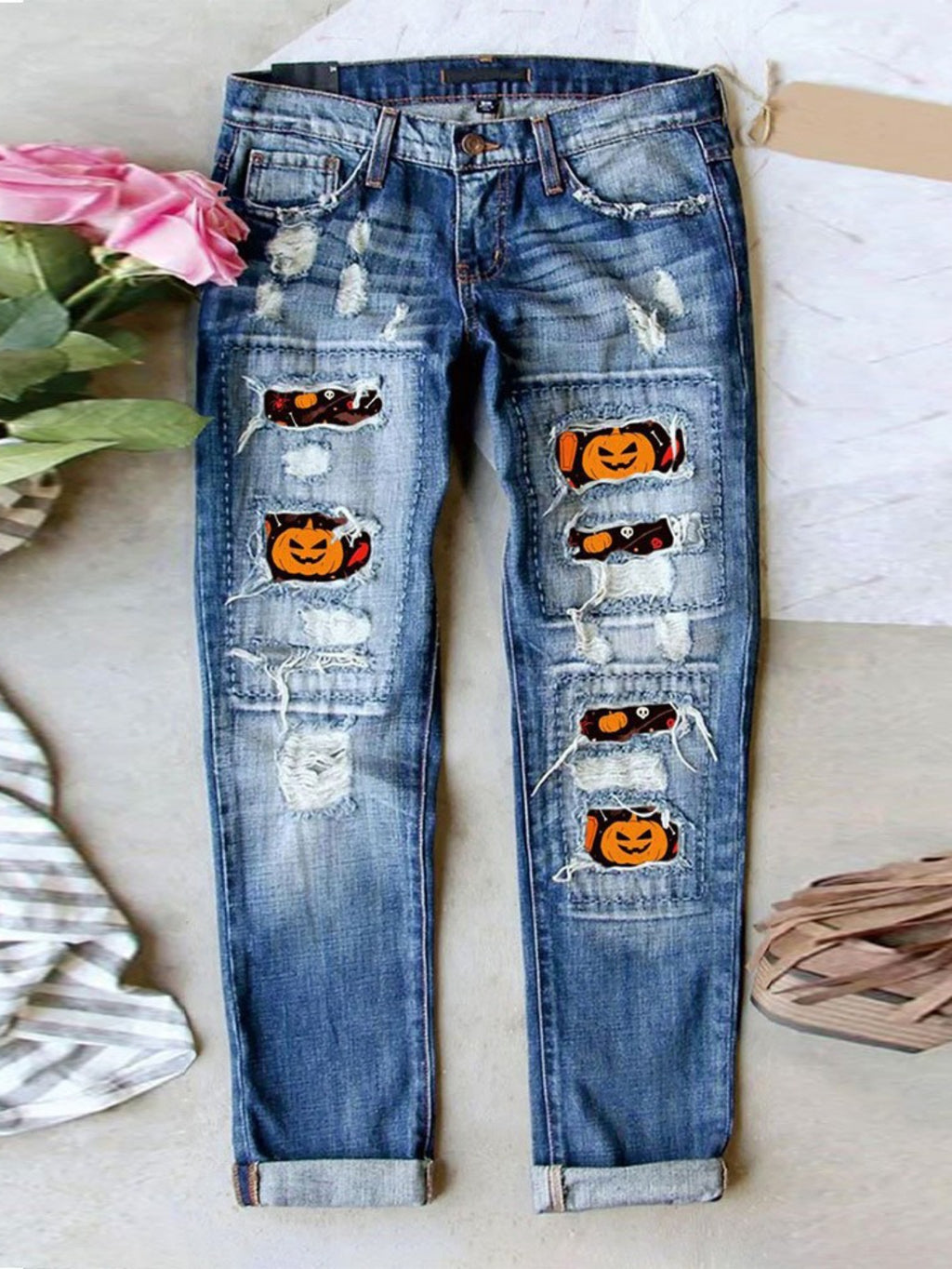 Halloween Patch Ripped Straight Leg Jeans Women Personalized Streetwear Distressed Denim Pants Trendy Casual Fall