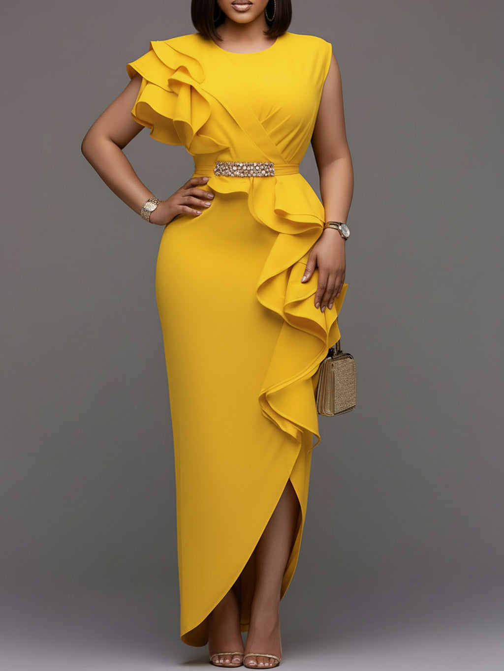 Mermaid Fishtail Dress Women Ruffled Waist Sleeveless Slit Formal Evening Wedding Prom Elegant Solid Color Round Neck