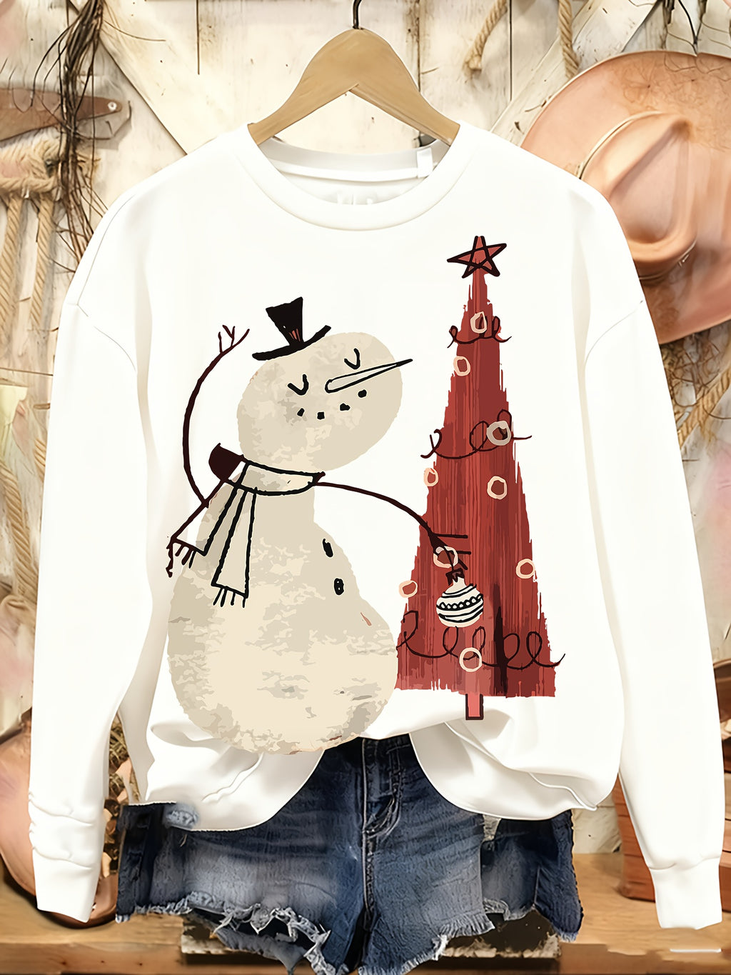 Women's Crew Neck Sweatshirt Christmas Pattern Printed Pullover Casual Thin Sports Top Soft Comfortable Autumn Winter Red Black White