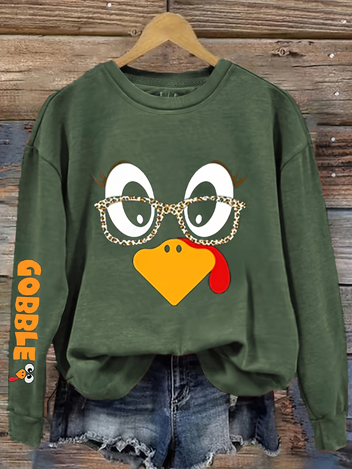 Thanksgiving Sweatshirt Women Funny Turkey Gobble Graphic Round Neck Long Sleeve Holiday Party Casual Pullover Black Green Fall Winter