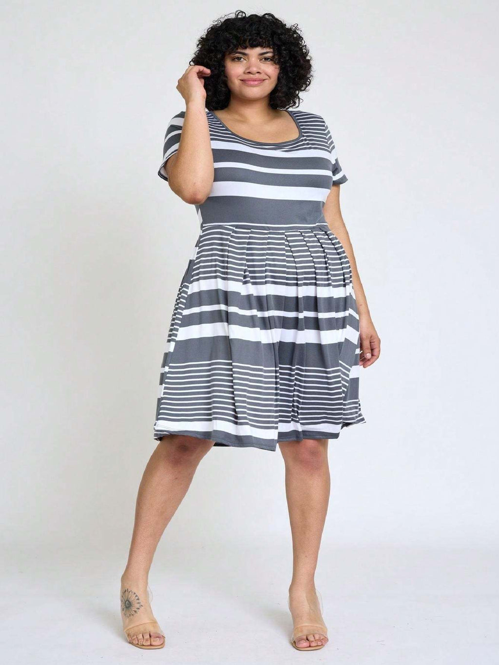 Paisley Floral Swing Dress Women Chevron Stripe Patchwork Pleated Square Neck Elastic Waist Midi Casual Plus Size S-3X
