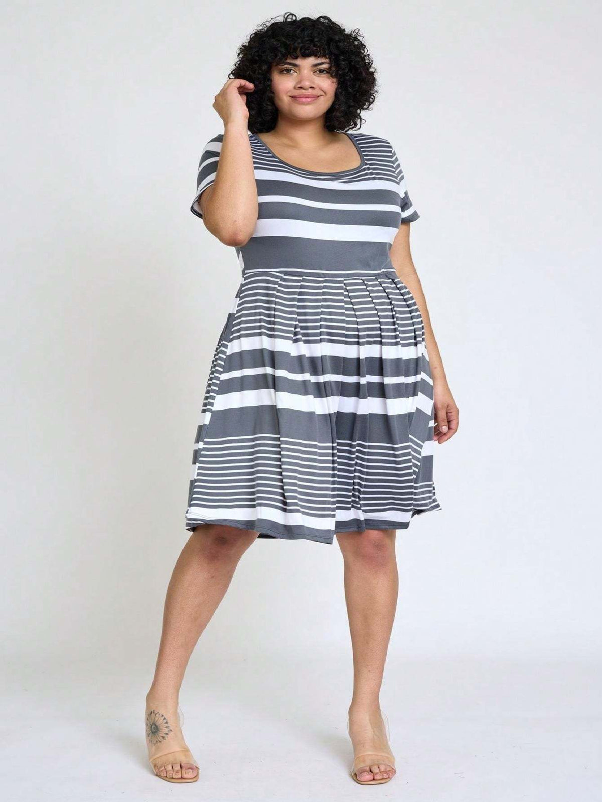 Paisley Floral Swing Dress Women Chevron Stripe Patchwork Pleated Square Neck Elastic Waist Midi Casual Plus Size S-3X