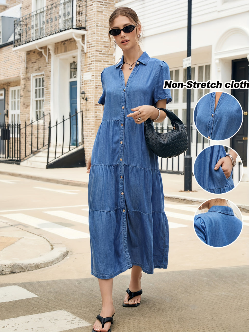 Lyocell Tiered Ruffle Hem Denim Dress Women V-Neck Short Sleeve Maxi Floor-Length Light Blue Casual Vacation All-Season Regular Fit