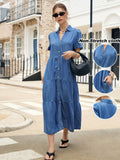 Lyocell Tiered Ruffle Hem Denim Dress Women V-Neck Short Sleeve Maxi Floor-Length Light Blue Casual Vacation All-Season Regular Fit