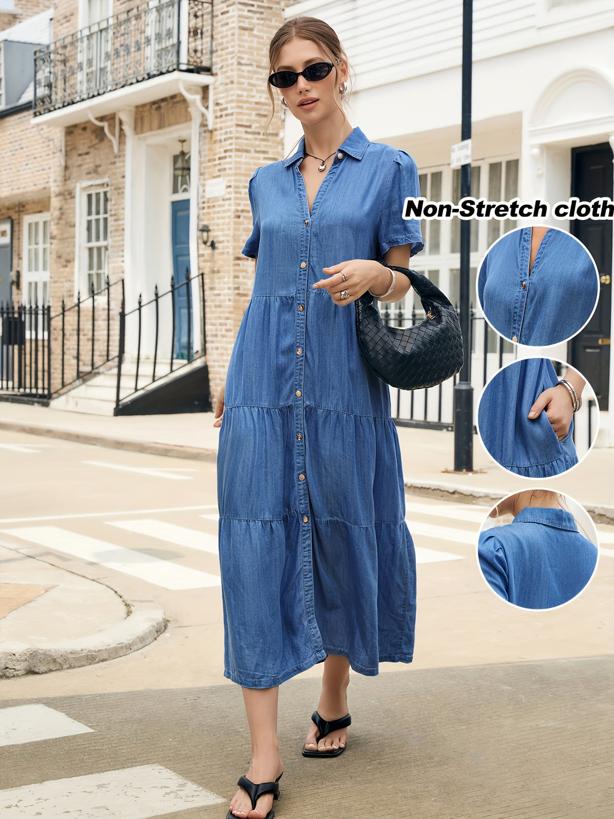 Lyocell Tiered Ruffle Hem Denim Dress Women V-Neck Short Sleeve Maxi Floor-Length Light Blue Casual Vacation All-Season Regular Fit