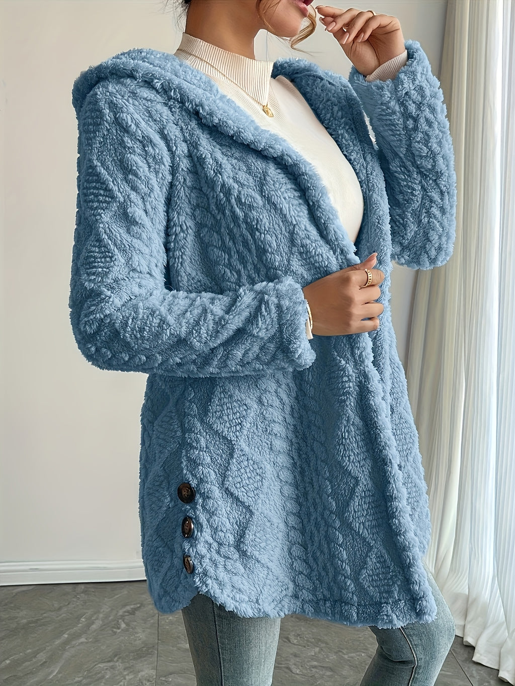 Hooded Fuzzy Coat Women Mid-Length Jacket with Buttons Soft Warm Fleece Fall Winter Outerwear 5 Colors S-XXL