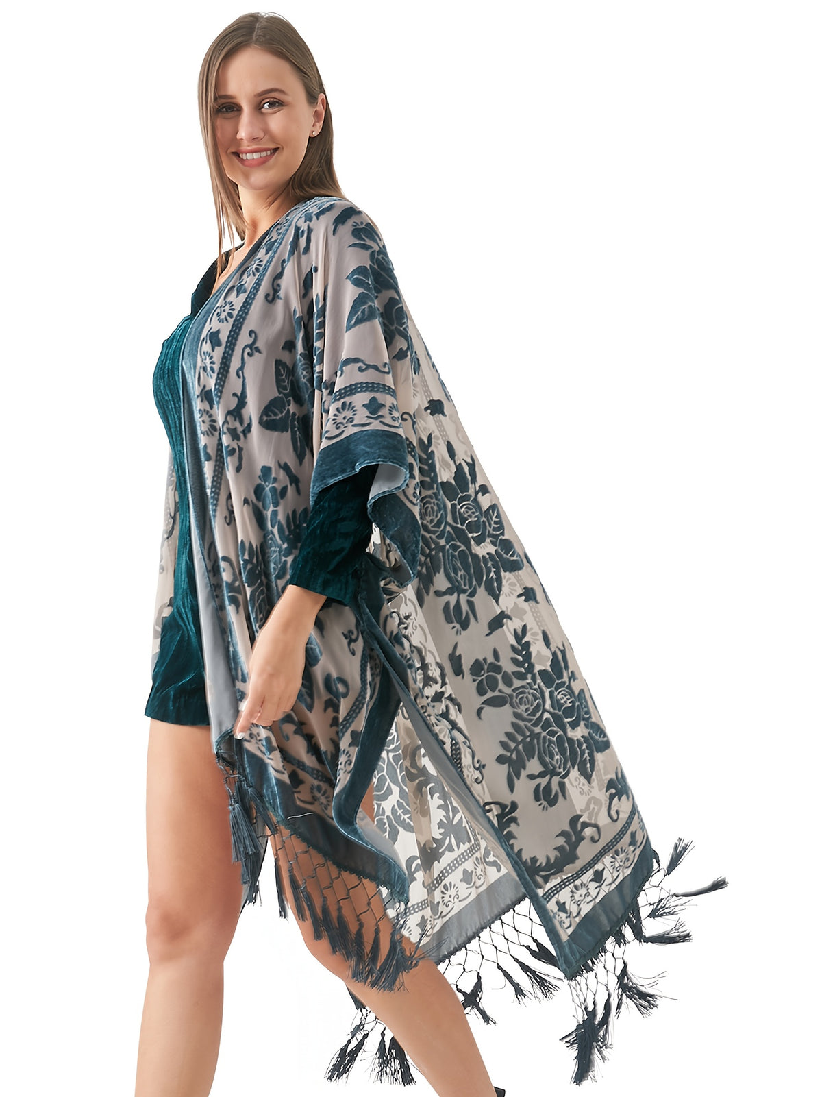 Boho Burnout Velvet Kimono Women Long Cardigan Cover Up Tassel Floral Embroidered One Size