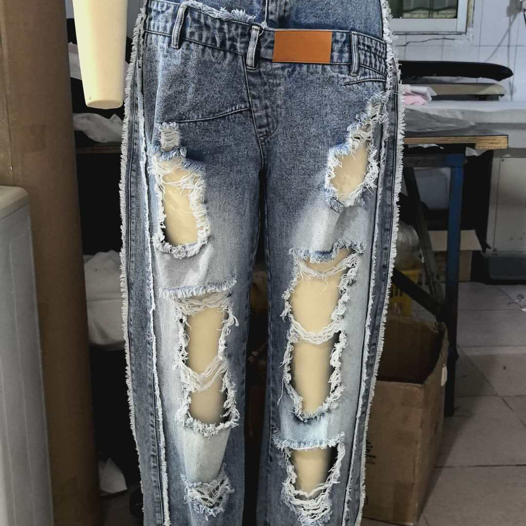 Women's High-Waisted Ripped Jeans Cuffed Hem Street Style Light Blue XL XXL