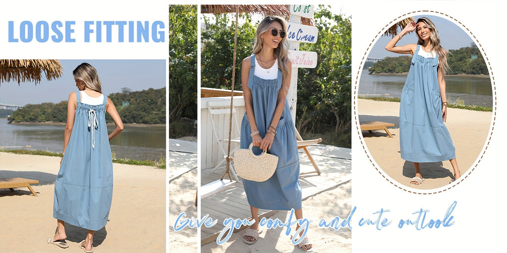 Overall Dress Women Loose Adjustable Strap Midi Length Big Pockets Workwear Casual Bib Jumper Dress Spring Summer S M L XL XXL