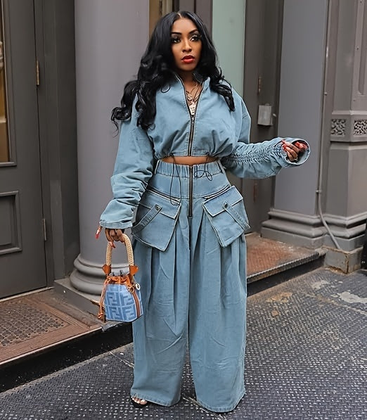 Denim 2-Piece Set Women Ruched Zip-Up Cropped Jean Jacket Wide Leg Pants Chic Matching Outfit Black Sky Blue S-XXL