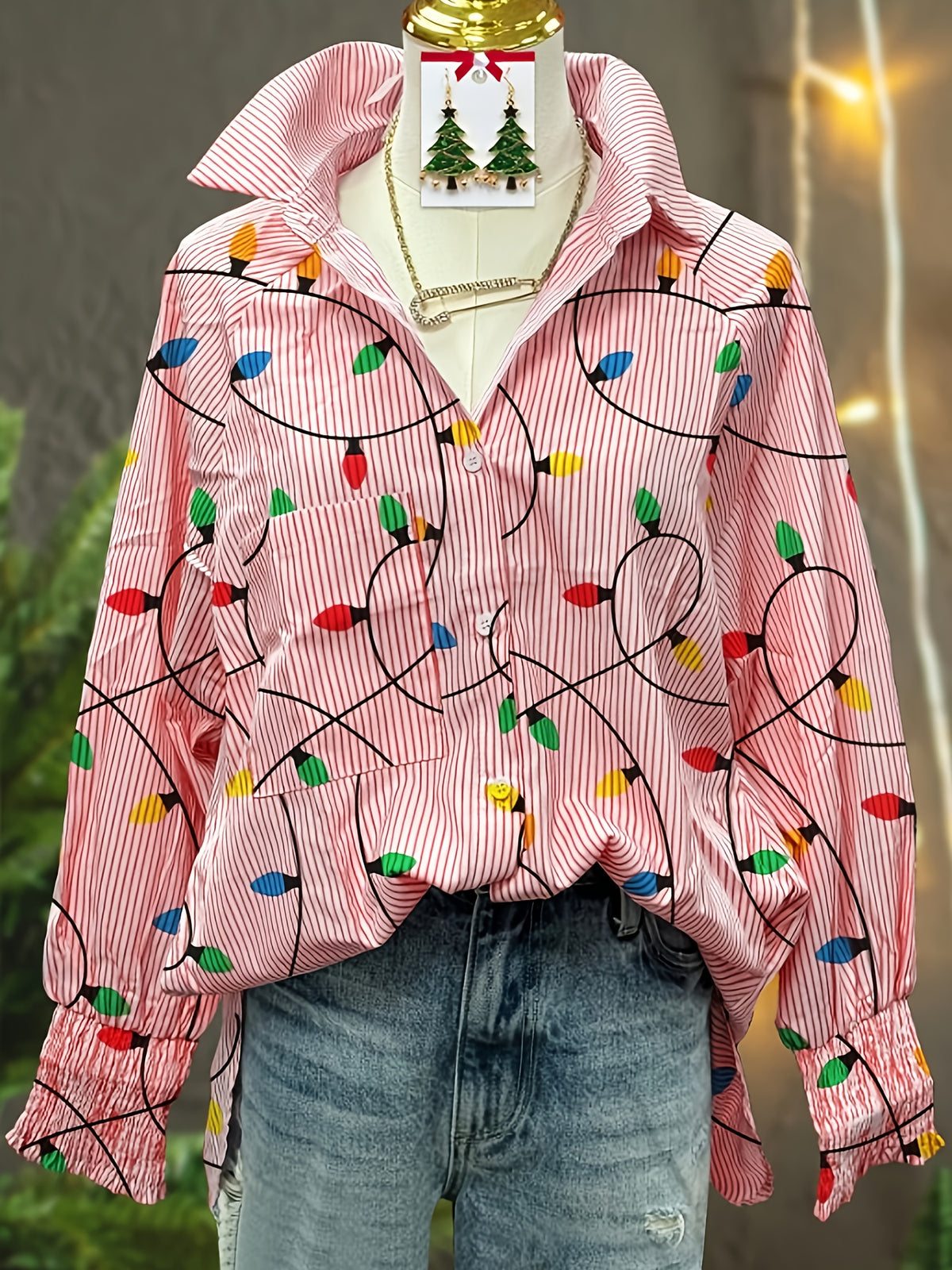Christmas Lantern Print Shirt Women Pink Holiday Button Top Casual Loose Festive