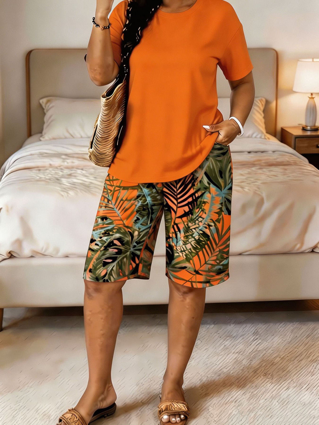Tropical Banana Leaf Print Two-Piece Loungewear Set Short Sleeve Top & Shorts Women Summer Outfit