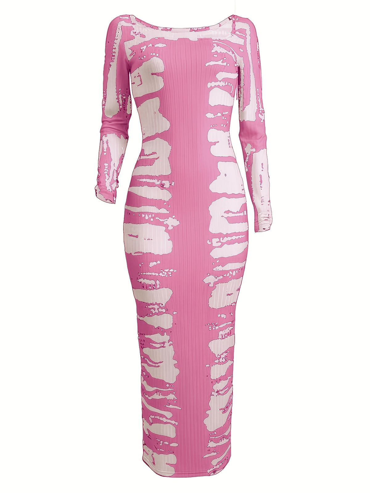 Tie-Dye Bodycon Maxi Dress Women Long Sleeve Ankle Length Contrasting Print Figure-Hugging Sexy Elegant Long Dress