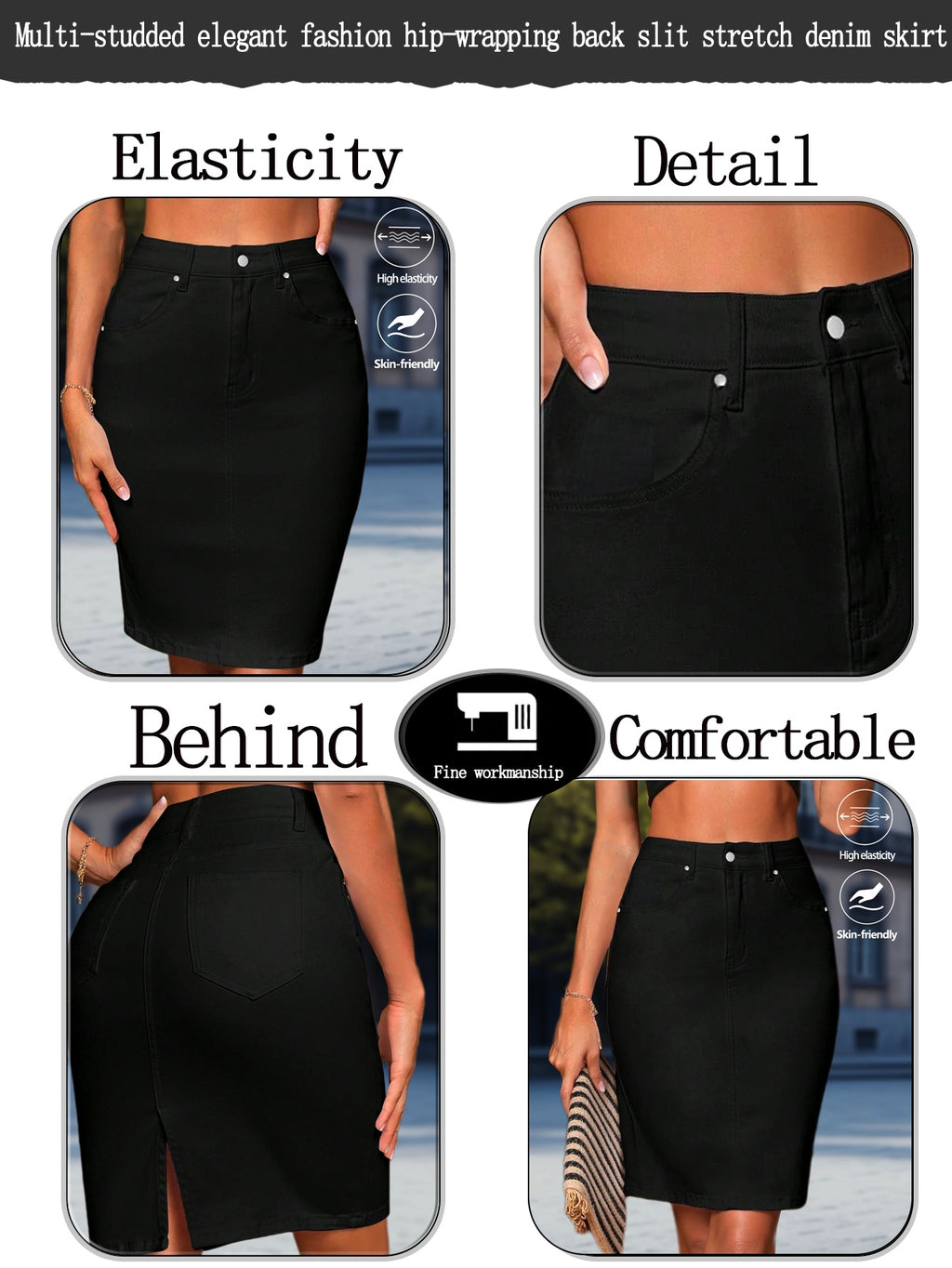 Women High Waist Black Denim Pencil Skirt Slim Fit Button Front Side Slit Pockets Stretchy Y2K Vintage Casual Style