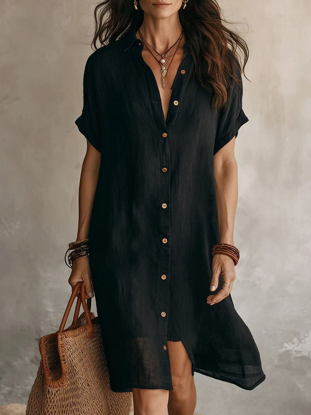 Solid Color Shirt Dress Women Short Sleeve Buttoned Lapel Collar Midi Length Casual Semi-Formal Versatile Dress for Women