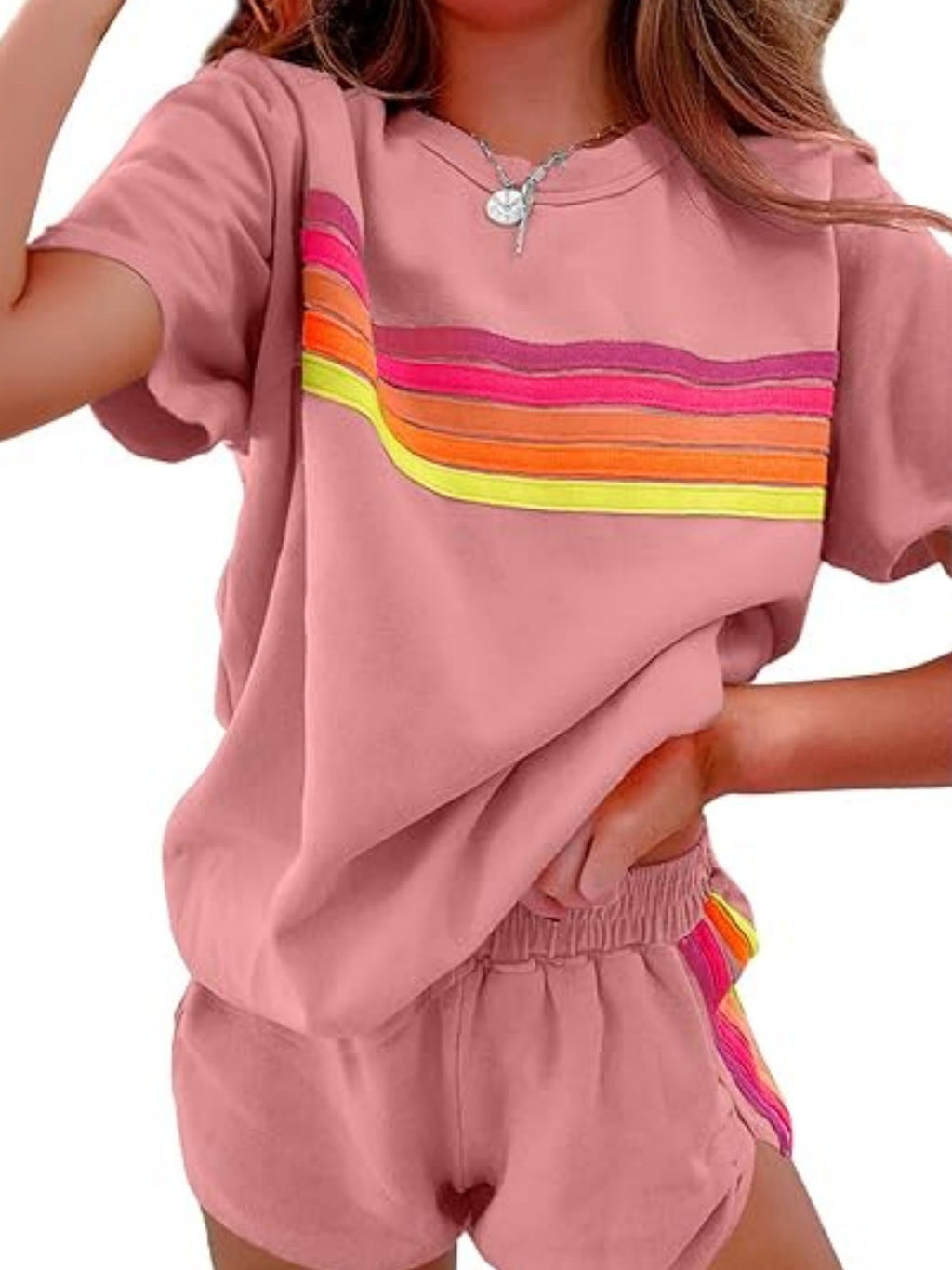 Color Block Shorts 2 Piece Set Women Chic Matching Outfit Top & Shorts White Blue Pink Brown Casual Summer