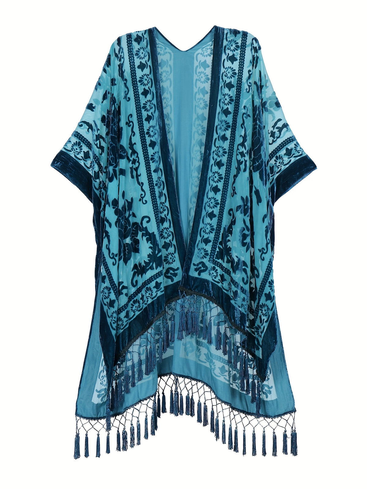 Boho Burnout Velvet Kimono Women Long Cardigan Cover Up Tassel Floral Embroidered One Size
