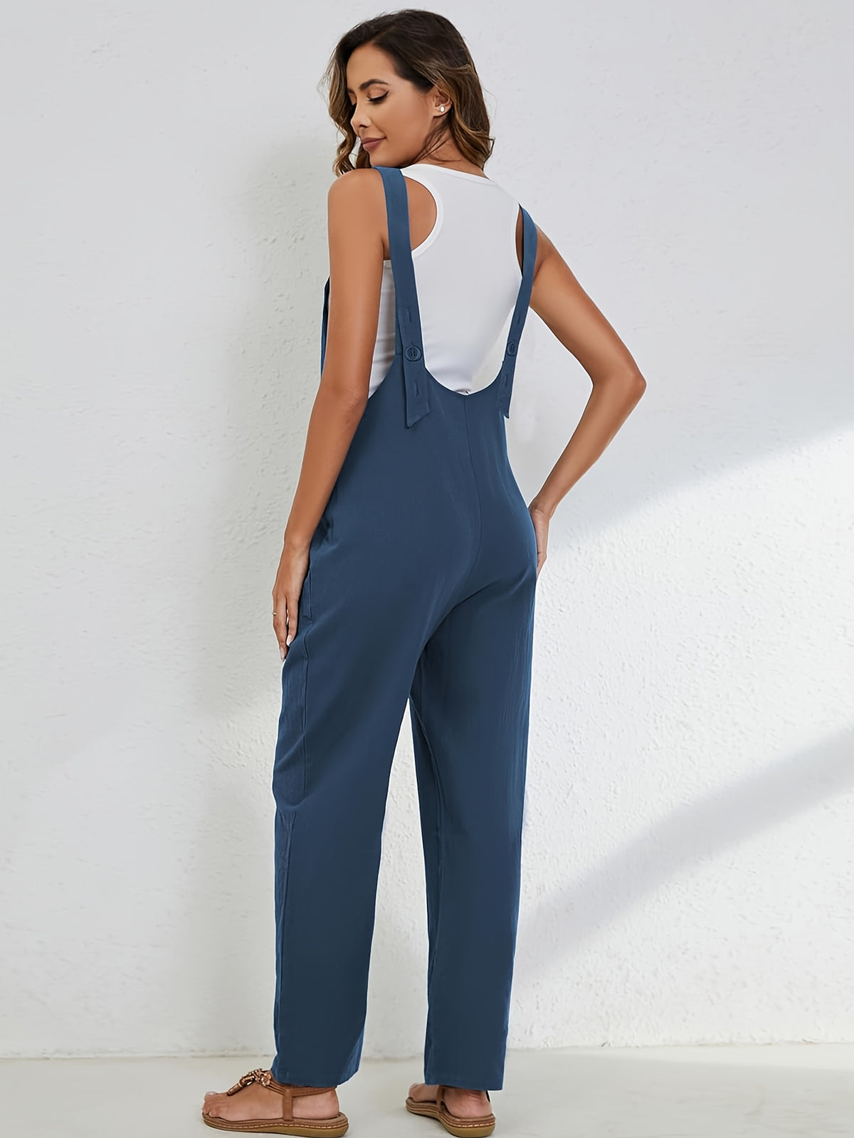 Linen Jumpsuit Women Wide Leg Casual Loose Overalls with Pockets Sleeveless Adjustable Strap Summer Palazzo Pants Romper Beige Black XS-XXL