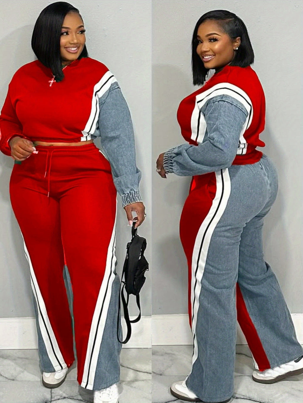 2pcs Tracksuit Set Women Color Block Contrast Stripe Cropped Top Wide-Leg Pants Casual Urban Streetwear Jogger Outfit