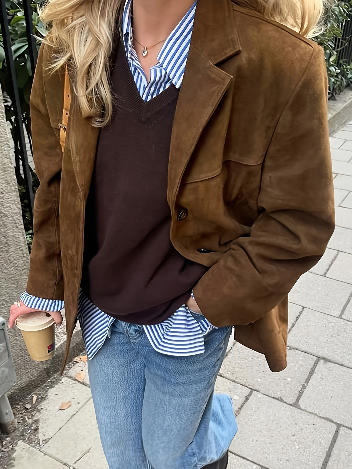 Women Y2K Suit Collar Blazer Jacket Midi Length Long Sleeve Loose Fit Vintage Style Light Brown S-XXL