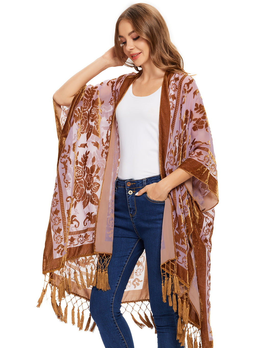 Boho Burnout Velvet Kimono Women Long Cardigan Cover Up Tassel Floral Embroidered One Size