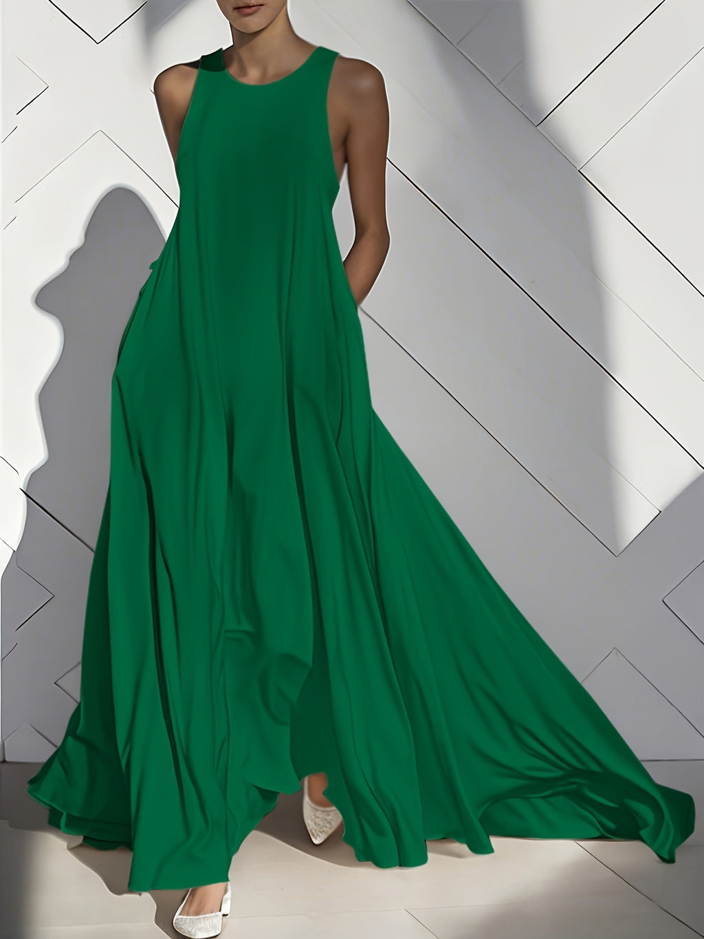 Sleeveless Maxi Dress Women Flared Ruffled Pleated Round Neck Cutout Pockets Loose Solid Color Casual Vacation Spring Summer Long Dress S-XXL