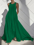 Sleeveless Maxi Dress Women Flared Ruffled Pleated Round Neck Cutout Pockets Loose Solid Color Casual Vacation Spring Summer Long Dress S-XXL