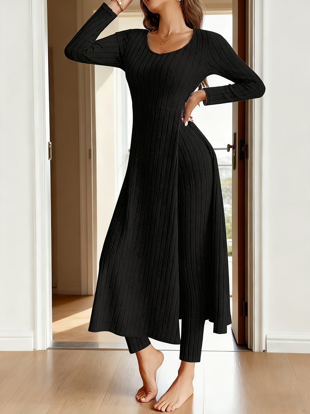 Heavyweight Fleece Lounge Set Women Oversized Long Sleeve Wide-Leg Pants Cozy Winter Two-Piece Ribbed Minimalist S-XL