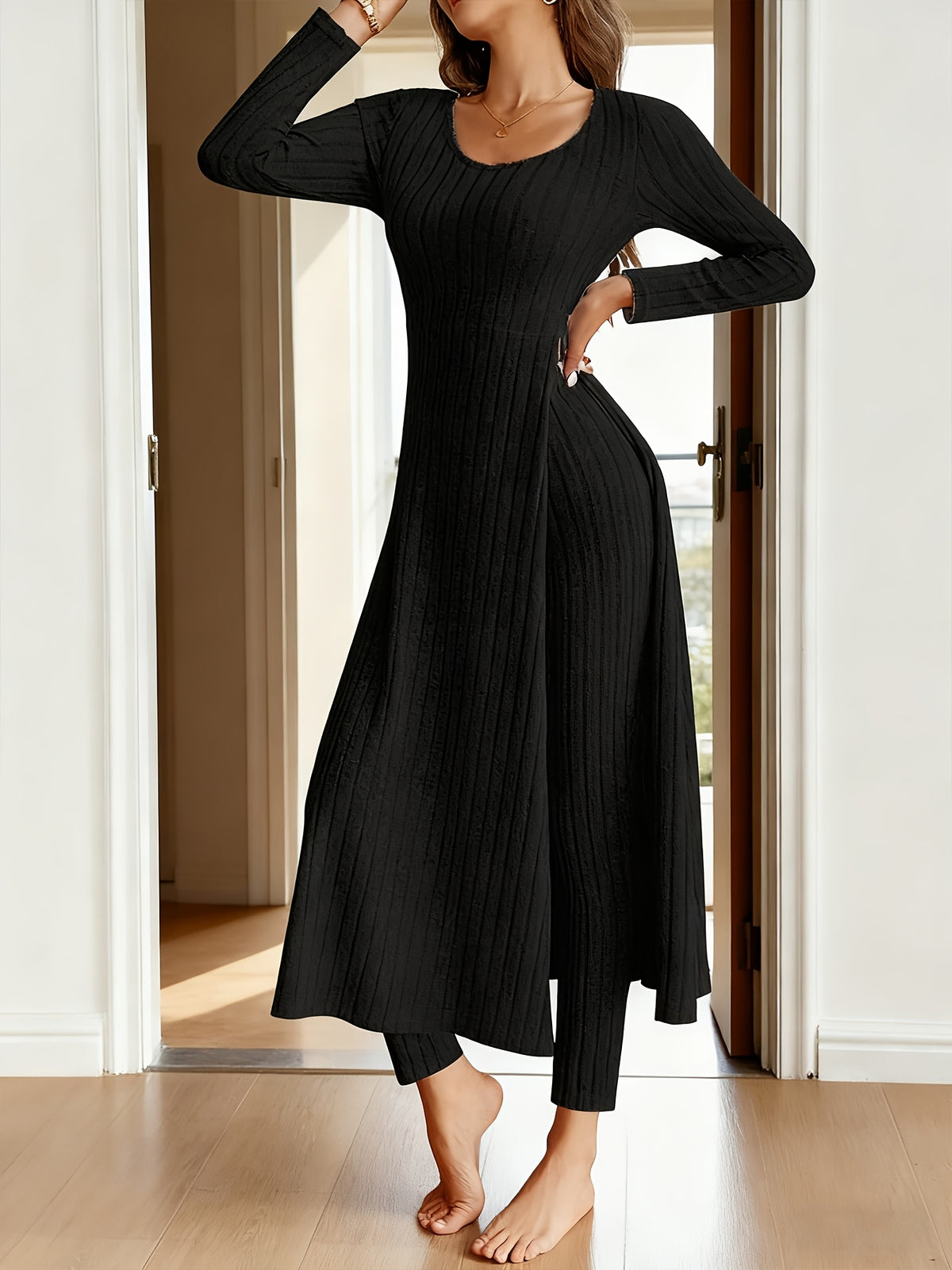 Heavyweight Fleece Lounge Set Women Oversized Long Sleeve Wide-Leg Pants Cozy Winter Two-Piece Ribbed Minimalist S-XL