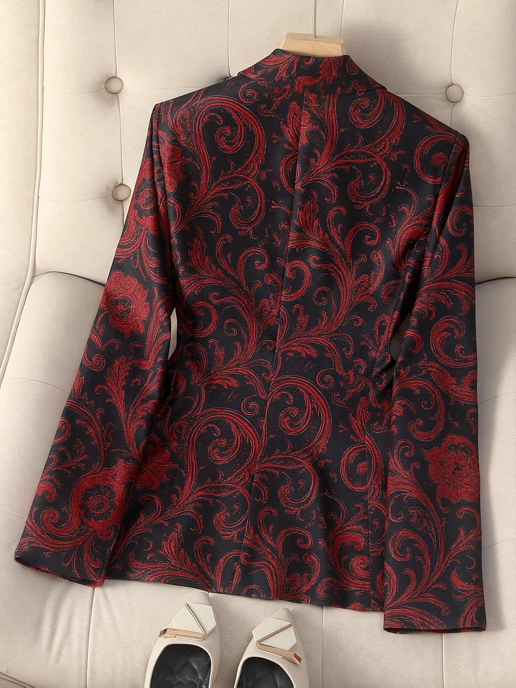 Paisley Print Blazer for Women Satin Stitching Long Sleeve Urban Elegance Cachemire Motif Woven Jacket Black S-XXL