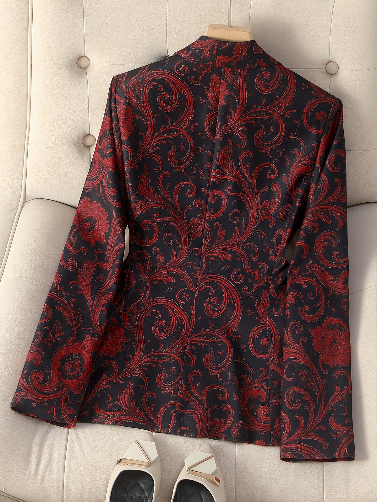 Paisley Print Blazer for Women Satin Stitching Long Sleeve Urban Elegance Cachemire Motif Woven Jacket Black S-XXL