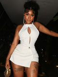 Halter Backless 2 Piece Set Women Cutout Button Top & High Waist Shorts Sexy Club Party Outfit Two Piece Matching Set