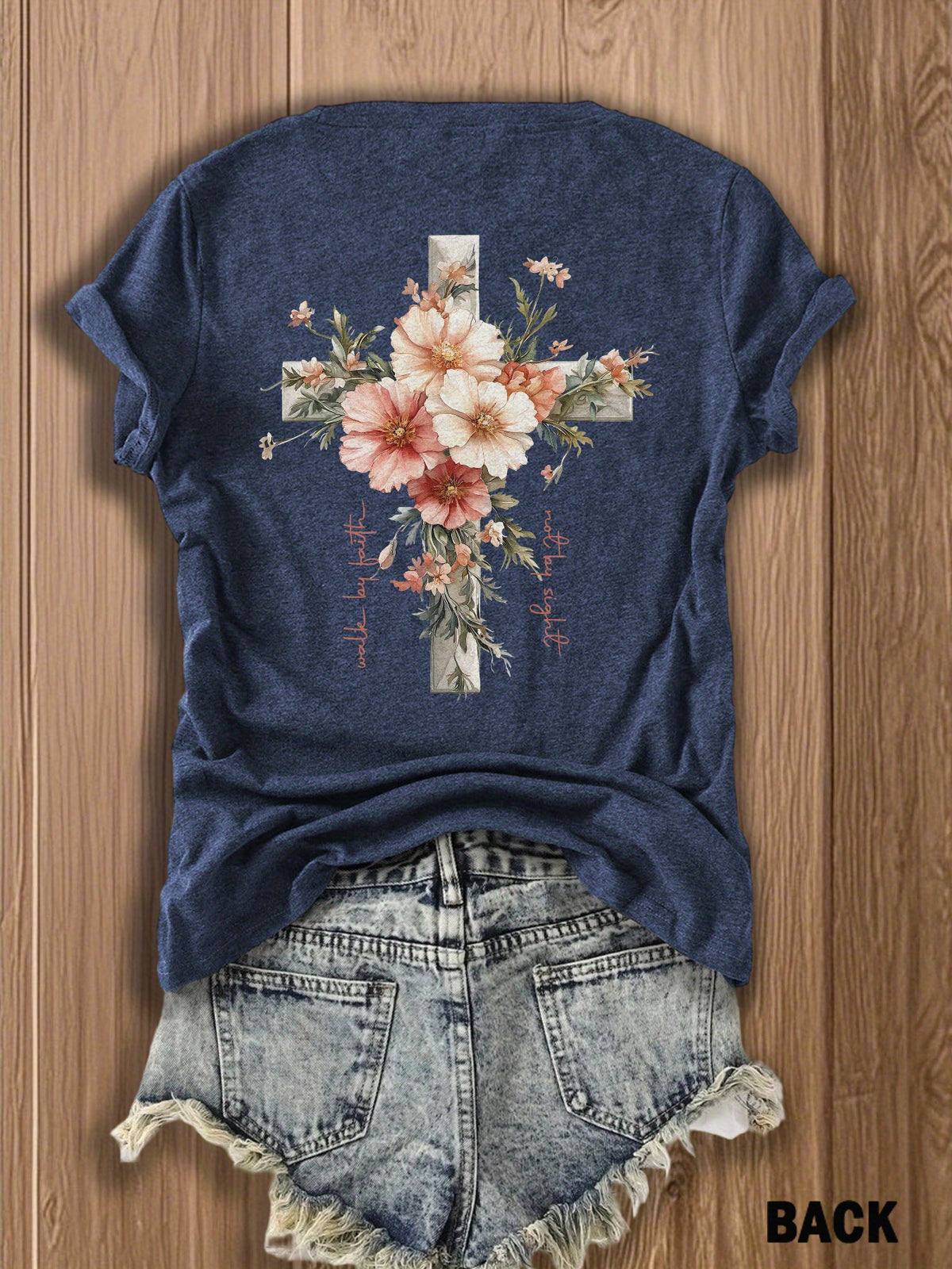 Jesus Floral Cross Double-Sided Print T-Shirt for Women - Faith Inspired Crew Neck Casual Christian Tee Summer Trendy Graphic Top