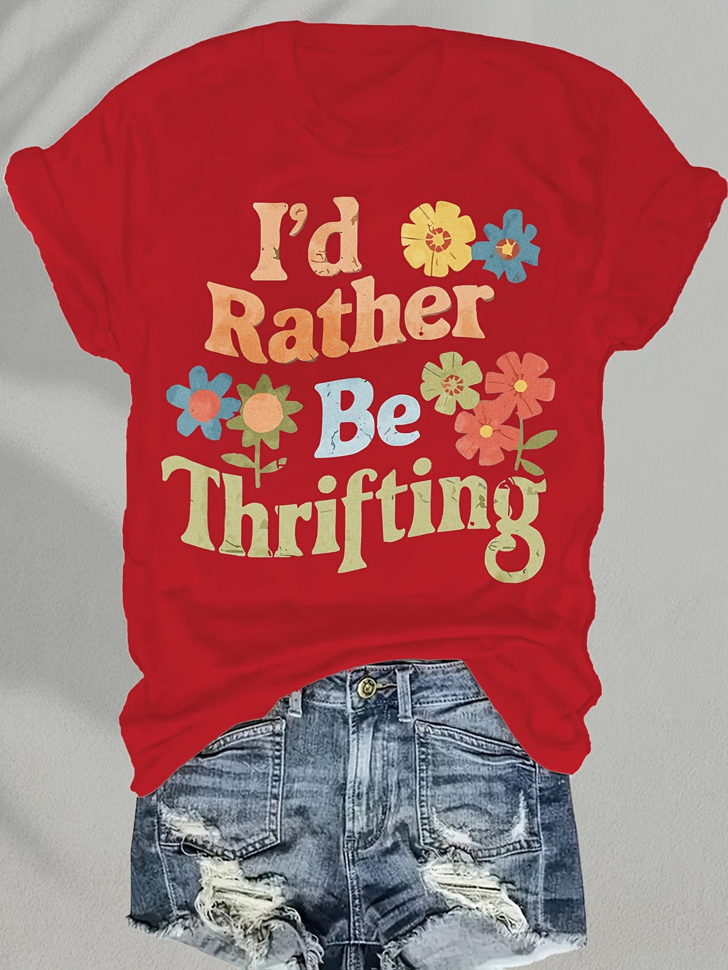 Women's 'I'd Rather Be Thrifting' Graphic Tee Vintage Crew Neck Short Sleeve Casual T-Shirt Navy Red S-XXL
